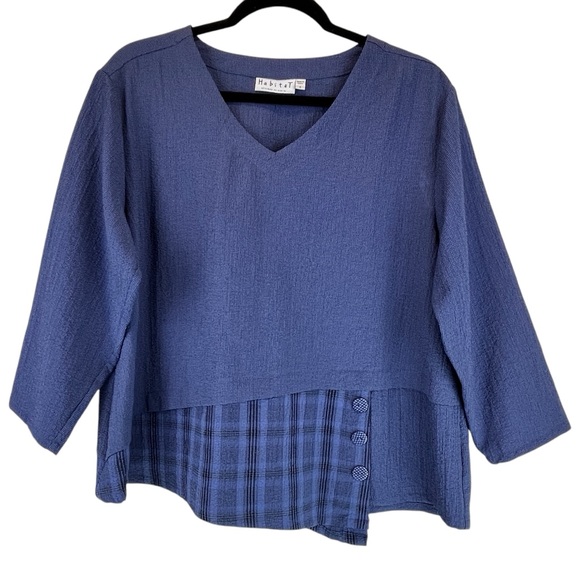 Habitat Tops - Habitat Blue and Navy Solid w/ Contrast Plaid Tunic Top Lightweight Lagenlook S